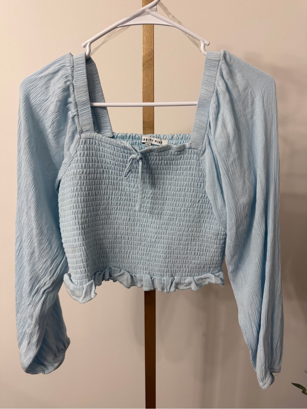Celebrity Pink Light Blue Smocked Square-Neck Crop Top